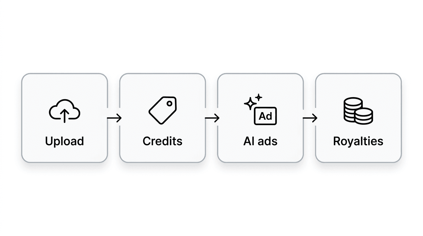 Infographic: upload to marketplace, set credit price, brands generate with your content, you earn royalties