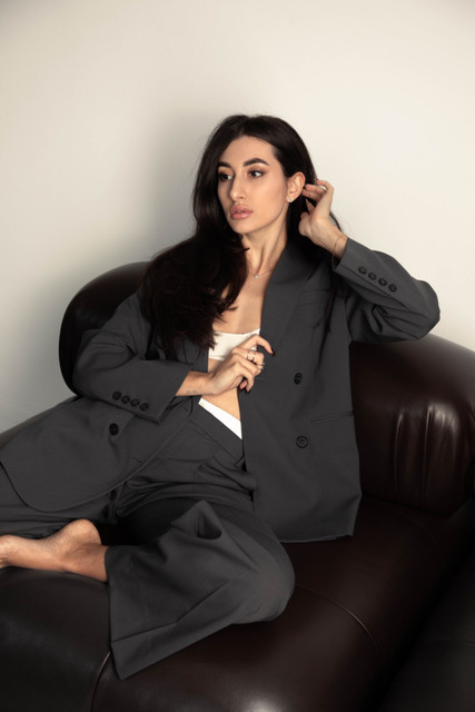 Sophisticated Oversized Charcoal Suit Visual Reference Pack: Modern Tailoring & Bralette Styling