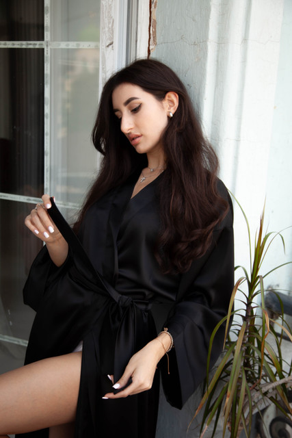 Quiet Luxury Loungewear: Black Satin Robe Styling Reference Set