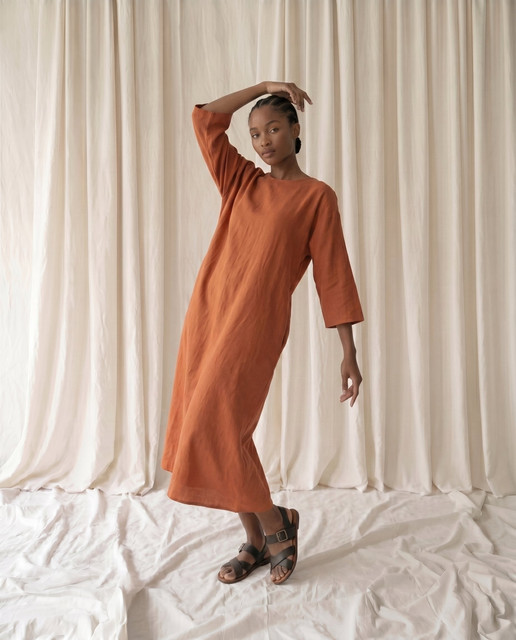 Relaxed Terracotta Midi Dress & Sandals: Minimalist Studio Styling Visual Reference Pack