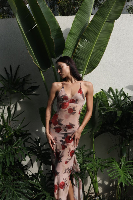 Tropical Rose Maxi Dress: Elegant Resort Wear Styling Visual Reference Pack