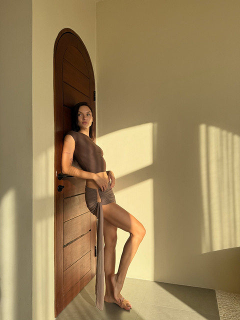 Sunlit Resort Wear: Earthy Tones Crop Top & Ruched Skirt Editorial Photoshoot References