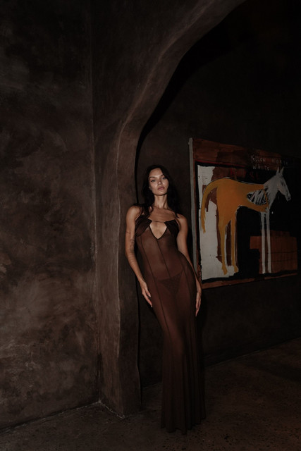 Dark Brown Glamour: Sheer & Satin Styles in a Moody Editorial Photoshoot References