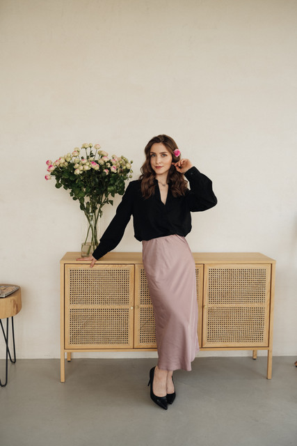 Modern Elegance: Black Blouse & Pink Satin Skirt Outfit and Styling Ideas for a Chic Lookbook