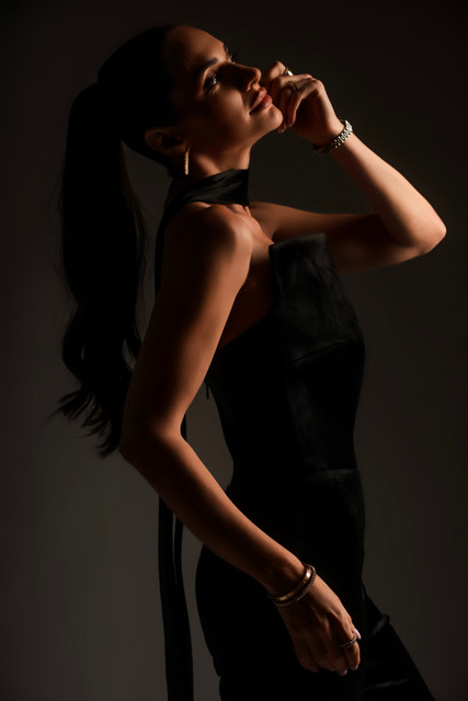 Sophisticated Black Velvet Evening Wear Lookbook-Style Set: Elegant Studio Styling & Accessory Ideas