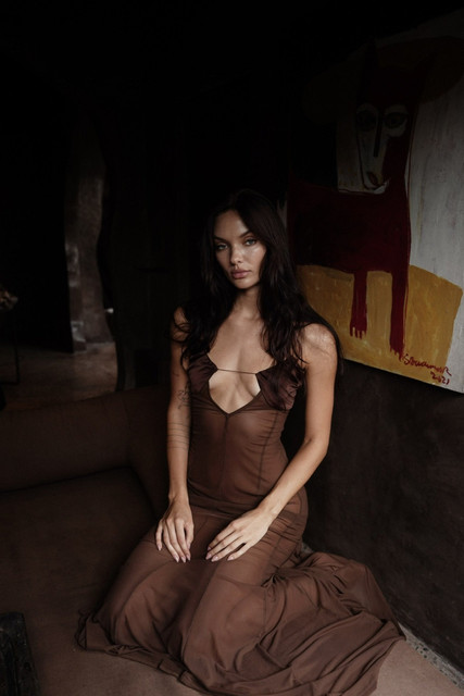 Dark Brown Glamour: Sheer & Satin Styles in a Moody Editorial Photoshoot References
