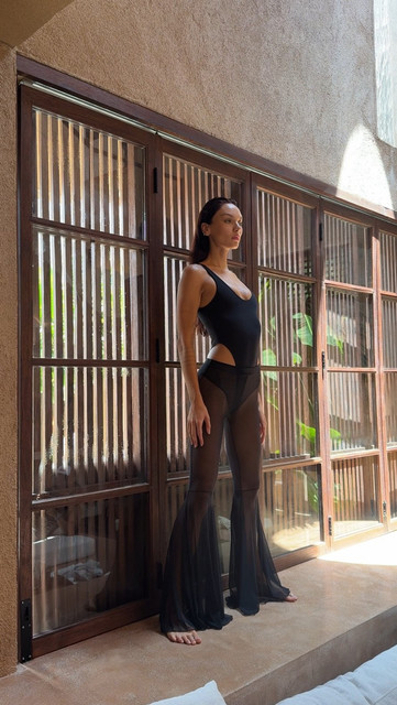 Sophisticated Black Swimwear & Sheer Pants Resort Look: Elevated Poolside Outfit and Styling Ideas