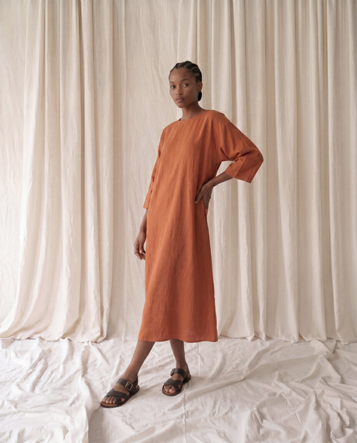 Relaxed Terracotta Midi Dress & Sandals: Minimalist Studio Styling Visual Reference Pack