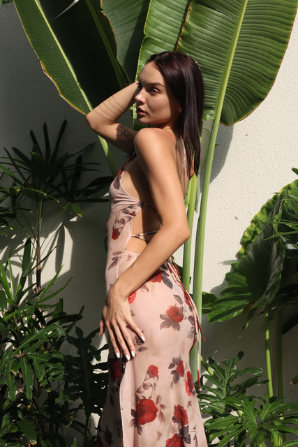 Tropical Rose Maxi Dress: Elegant Resort Wear Styling Visual Reference Pack