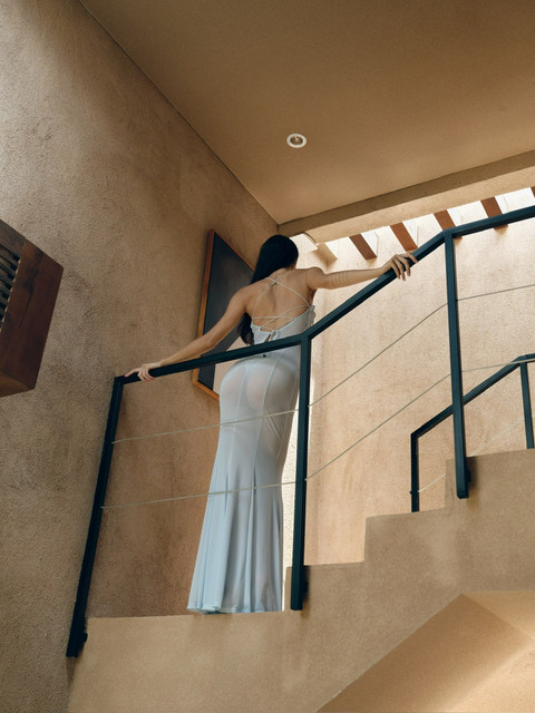 Serene Sheer Maxi Dress Lookbook-Style Set: Architectural Resort Elegance in Soft Blue