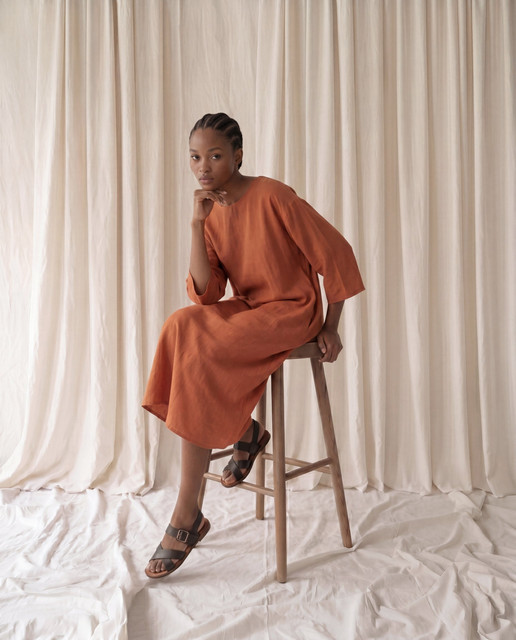 Relaxed Terracotta Midi Dress & Sandals: Minimalist Studio Styling Visual Reference Pack