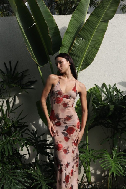 Tropical Rose Maxi Dress: Elegant Resort Wear Styling Visual Reference Pack