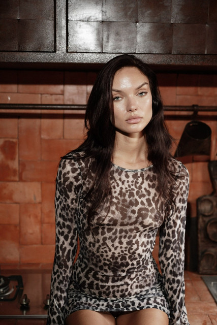 Sheer Leopard Print Dress Editorial Photoshoot References: Dark Glamour & Rustic Chic