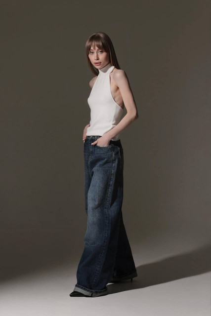 Chic Studio Styling Ideas: White Halter Top & Wide-Leg Jeans Photo Set
