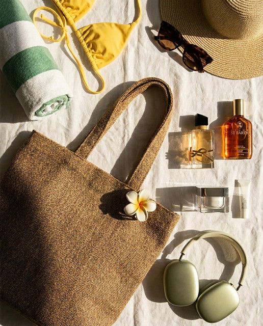 Summer Resort Flat Lay: Beach Day Essentials Styling Idea Photo Set