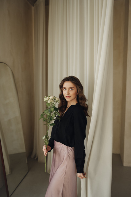 Serene Studio Elegance: Black & Blush Midi Skirt Ensemble Styling Reference Set