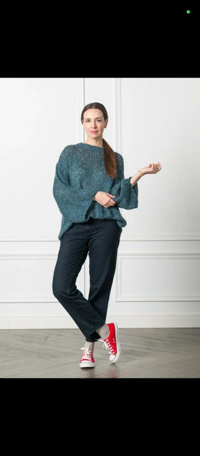 Chic Oversized Teal Knitwear & Red Sneakers: Casual Editorial Outfit Styling Reference Set