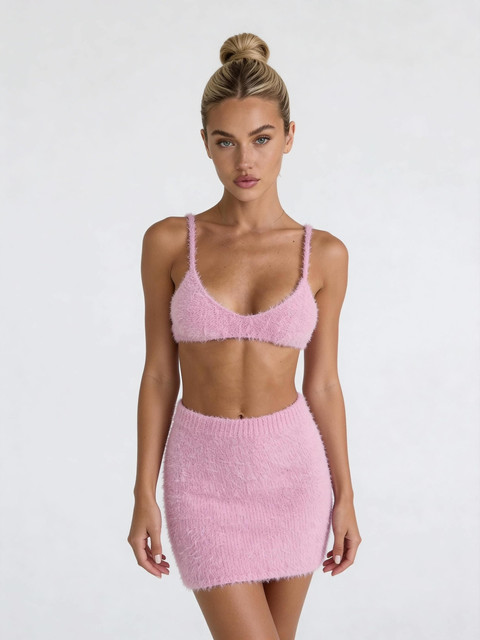 Soft Pink Fuzzy Knit Two-Piece Set: Editorial Photoshoot Pack for Modern Styling