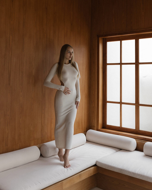 Minimalist Cream Knitwear Editorial Photoshoot: Chic Cut-Outs & Open Back Styling