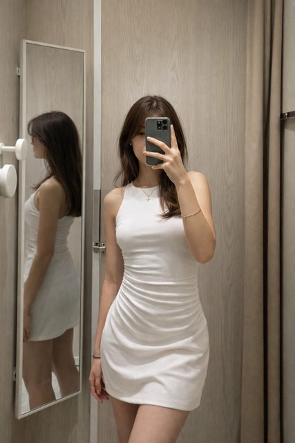 Minimalist White Ruched Mini Dress: Contemporary Mirror Selfie Outfit and Styling Ideas