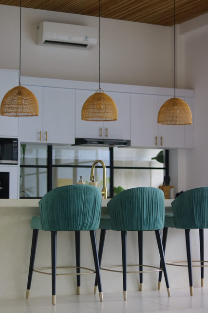 Teal Velvet Bar Stools & Rattan Lights Modern Kitchen Styling Reference Photo Set