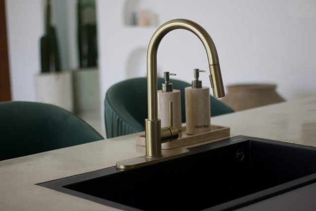 Contemporary Kitchen Styling Reference: Brushed Brass & Stone Decor Editorial Photoshoot Pack