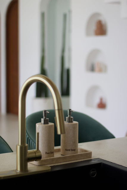 Elegant Brass Kitchen Styling Photo Set: Minimalist Luxury, Natural Stone Accents
