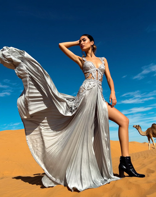 Desert Oasis Glamour: Silver Gown & Bold Styling Editorial Photoshoot References