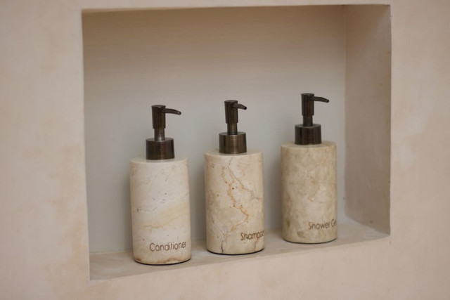 Elegant Marble-Look Bathroom Dispensers Photo Set: Spa Tranquility Aesthetic