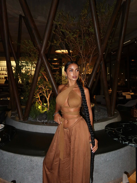 Editorial Evening Wear Photo Set: Warm Neutrals, Halter Top & Palazzo Pants