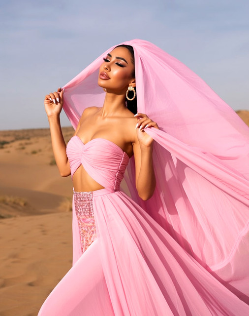 Ethereal Blush Pink Desert Resort Editorial Photoshoot References: Flowing Silhouettes & Sequin Glamour