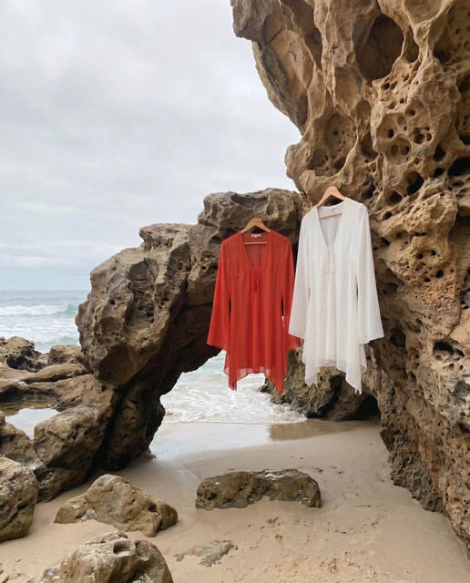 Coastal Resort Cover-Ups Editorial Photoshoot Pack: Sheer Tunics on Rocky Beach