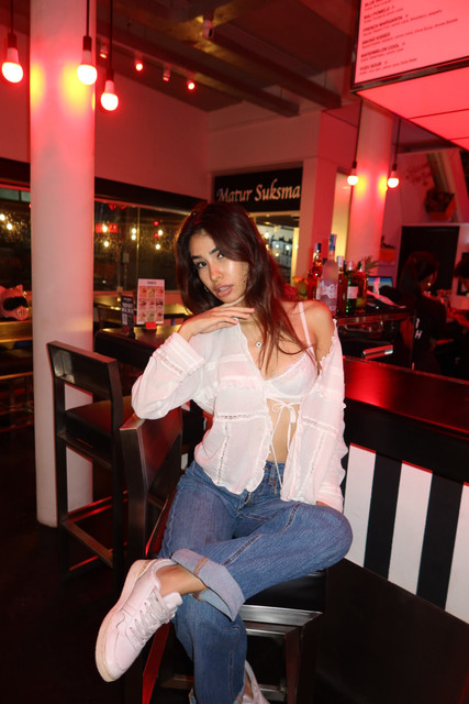 Red-Lit Bar Night Out Casual-Chic Fashion Photoshoot References