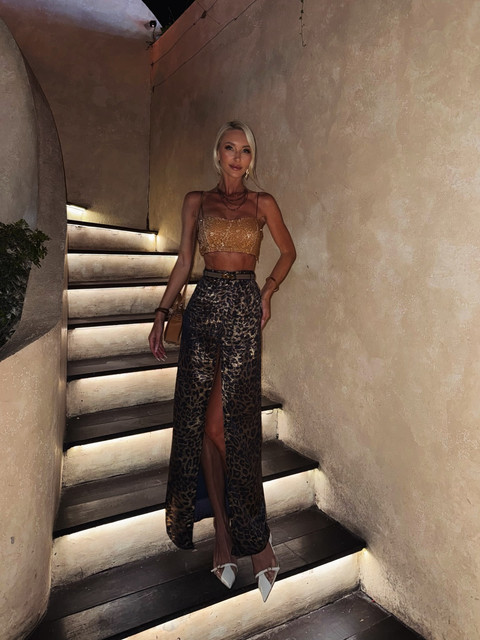 Golden Sequin & Leopard Maxi Skirt Editorial Photoshoot Pack: Glamorous Evening Resort Style