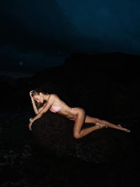 Dramatic Night Swimwear Editorial Photoshoot Pack: Vibrant Pink Bikini on Moody Coastline