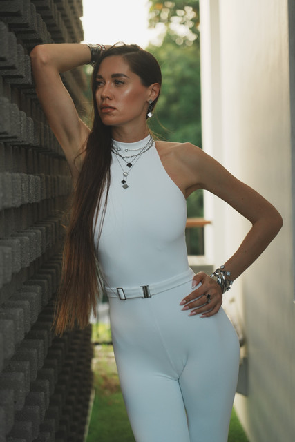 Sleek White Jumpsuit Resort Editorial Photoshoot Pack: Modern Halter Neckline Elegance