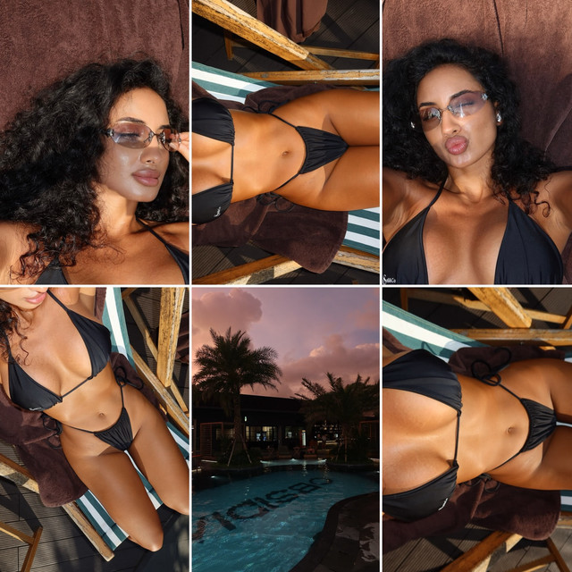 Tropical Resort Sunset Swimwear Styling Ideas: Black Bikini & Chic Sunglasses Photo Set