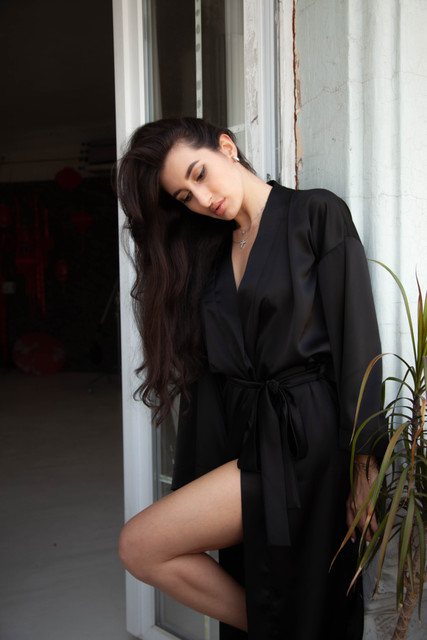 Quiet Luxury Loungewear: Black Satin Robe Styling Reference Set