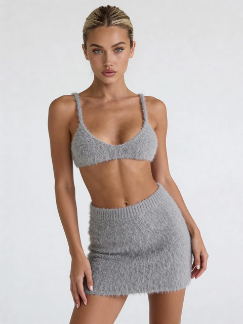 Soft Grey Fuzzy Knit Bralette & Mini Skirt Set: Editorial Photoshoot Pack