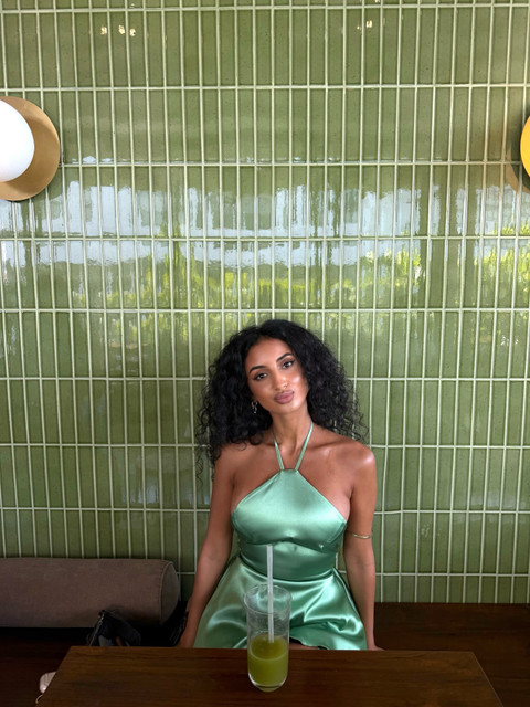 Vibrant Green Satin Halter Dress Editorial Photoshoot References