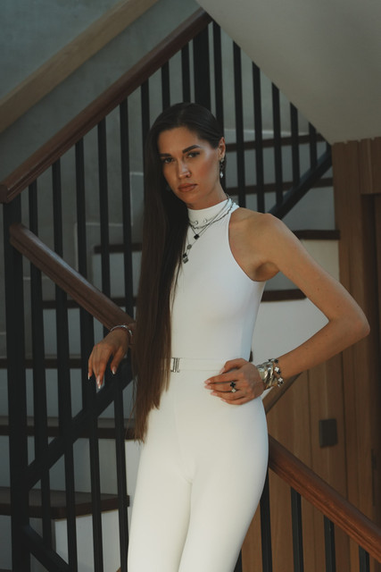 Chic White Jumpsuit Editorial Photoshoot Pack with Statement Silver Accessories