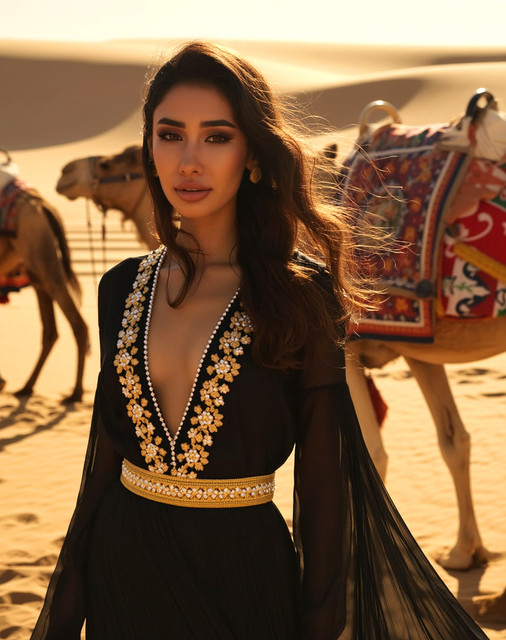Golden Hour Desert Opulence: Embellished Black Gown Editorial Photoshoot References