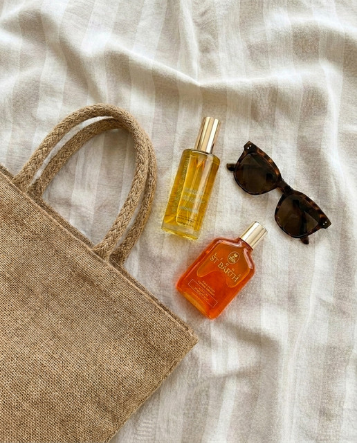 Serene Summer Essentials Flat Lay Photo Set: Chic Beach Bag & Skincare Styling