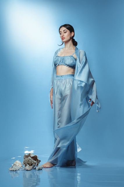 Serene Blue Sheer Resortwear lookbook-style set: Ethereal Studio Styling