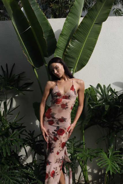 Tropical Rose Maxi Dress: Elegant Resort Wear Styling Visual Reference Pack