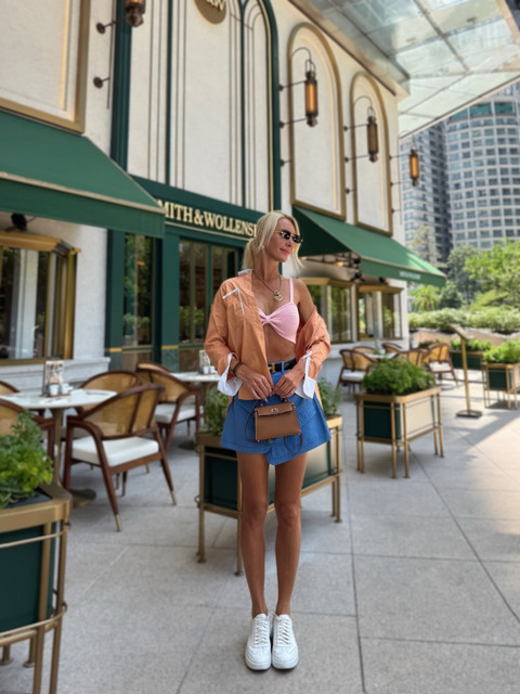 Urban Resort Chic: Pink Knit Crop Top & Orange Shirt Outfit Styling Reference Set