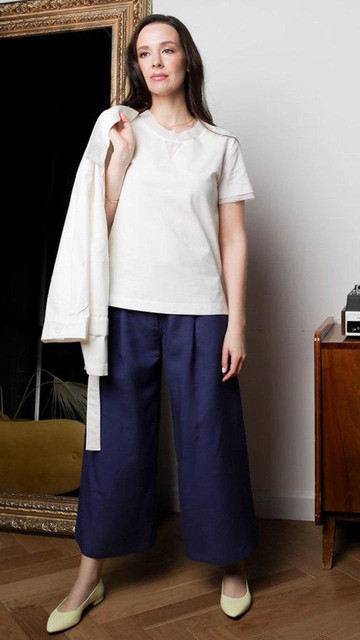 Refined Casual Cream Top Navy Culottes Editorial Photoshoot References